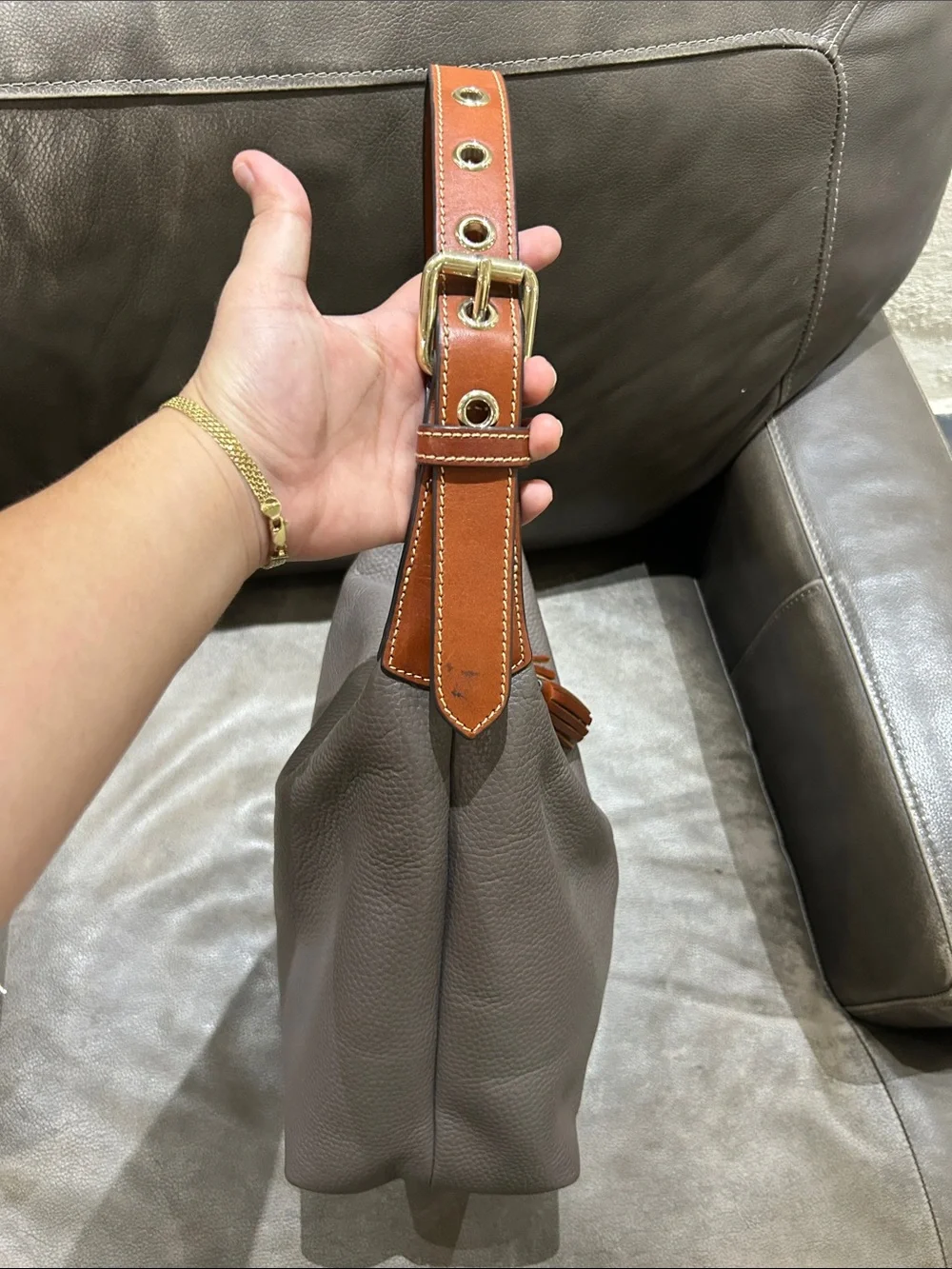 Women’s Taupe Leather Hobo Bag with Brown Trim